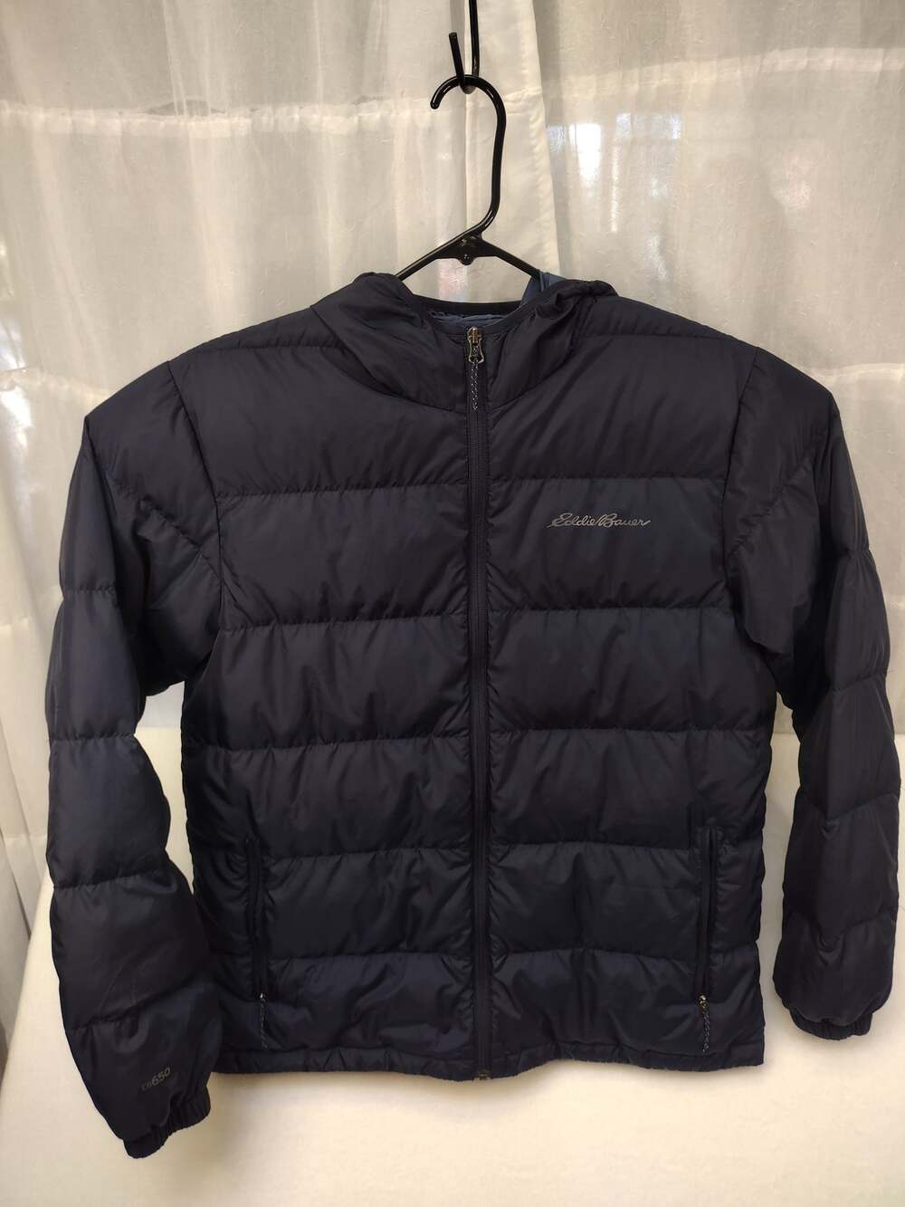 Eddie Bauer Men's Large Black Hooded Down Puffer Jacket Full Zip Winter Coat
